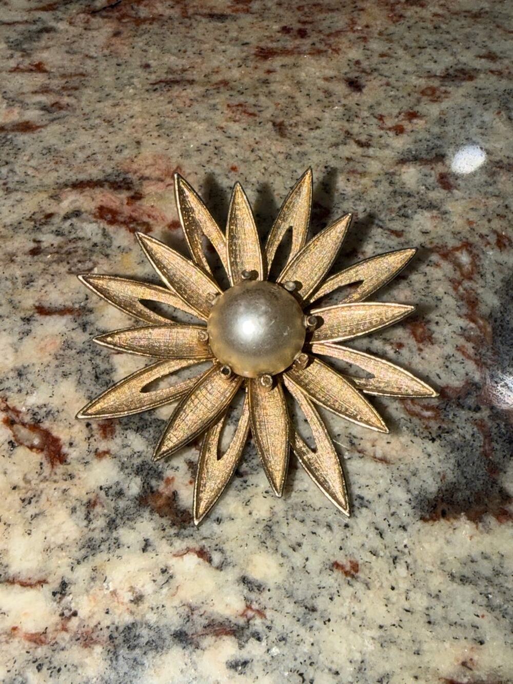 Vintage Gold Tone Faux Pearl Sunburst Brooch